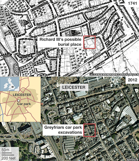 Obrázek ukazuje, jak archeologové porovnali mapu z roku 1741 se současnou podobou města, aby našli místo, kde se nacházel starý kostel a Richardova hrobka